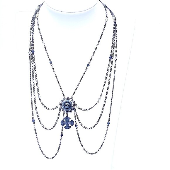 90s Erickson Beamon 4-Strand Crystal Necklace — Rose Pendant w/Cross Detail —EUC - Picture 3 of 7